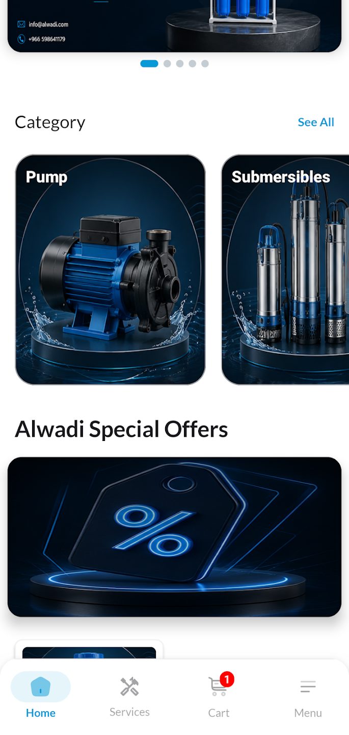 Alwadi Mobile App services screen